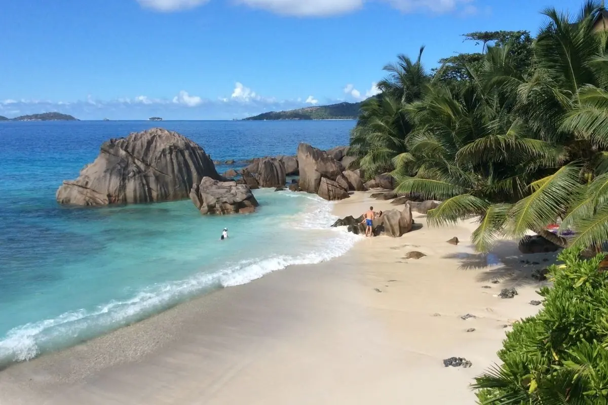 Spiaggia tropicale delle Seychelles con mare cristallino, palme e rocce granitiche